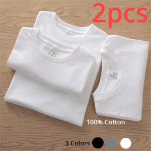 2 pièces de tshirts mixtes 100% coton solide à manches courtes blanc- T-shirts décontractés respirant ample col rond